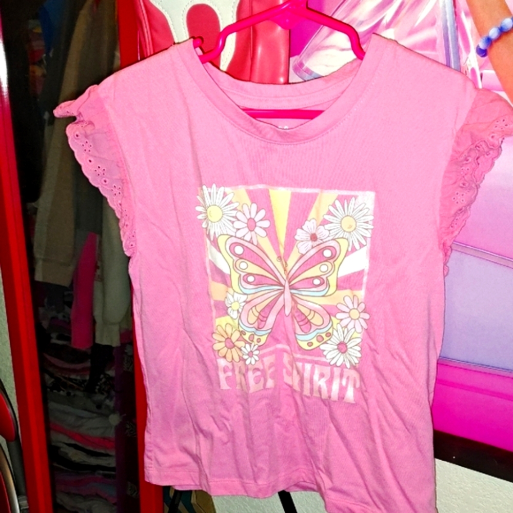 Pink Short Sleeve Tee with Butterfly Design